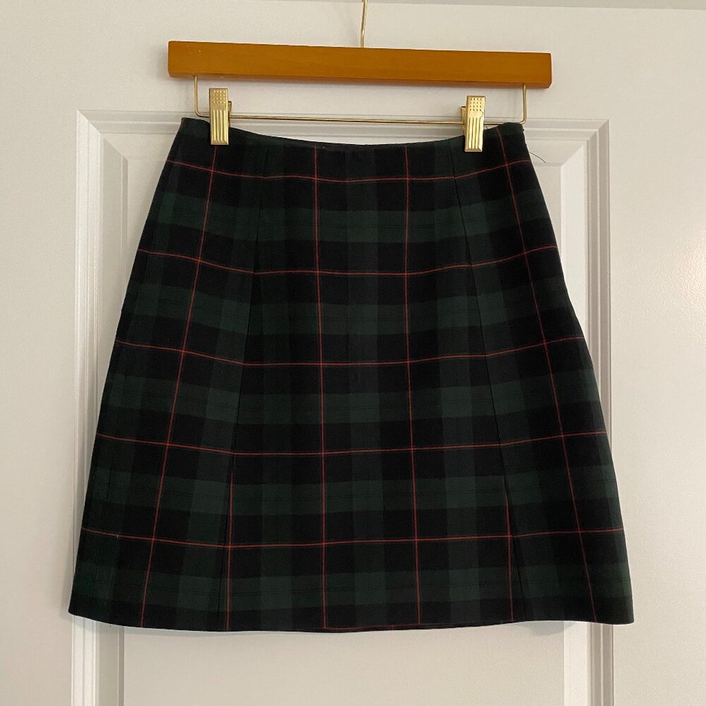 Babaton Plaid Wool-Blend Mini Skirt — Green & Red Tartan — Size 0